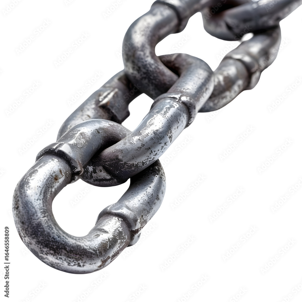 Poster close-up view of a weathered metal chain link showcasing its texture and details against a plain bac