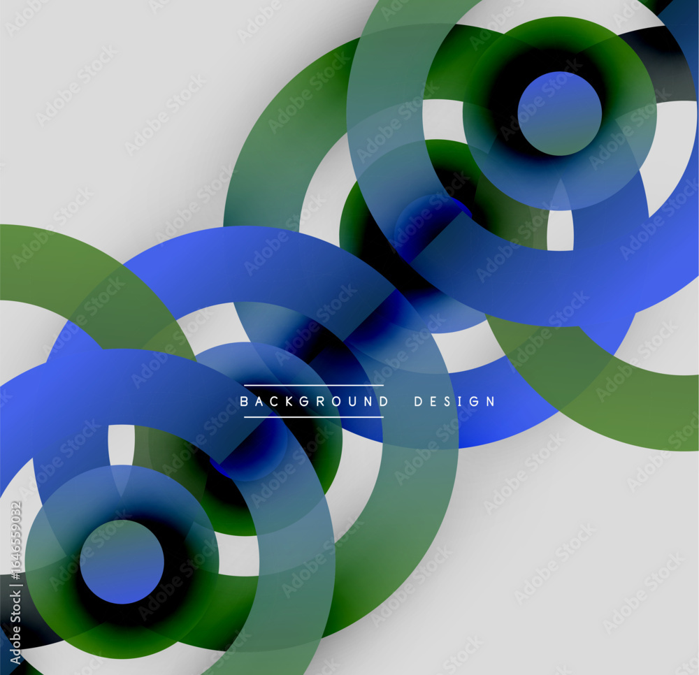 Poster abstract circles overlap, creating dynamic visual effect. blue, green hues dominate neutral backgrou
