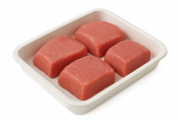 Tuna steaks lying flat in white styrofoam container, displaying raw fish fillet against clean transparent backdrop