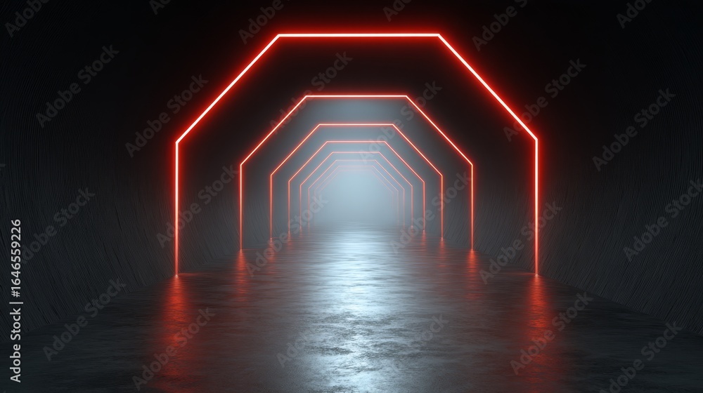 Poster a futuristic tunnel with glowing red neon lights creating a long corridor of luminous energy and a p