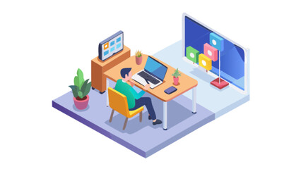 Isometric home office setup with laptop and screen for remote work and study vector illustration