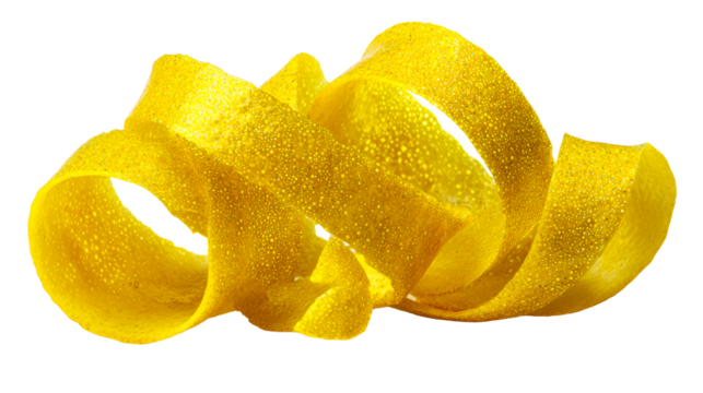 Textured yellow citrus peel spiraled and glistening with tiny droplets, cut out transparent