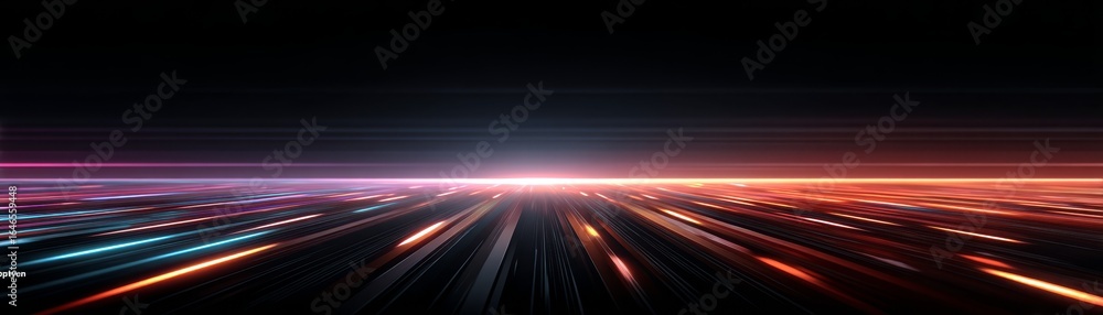 Poster abstract digital art with vibrant multicolored laser lines on a deep black background.