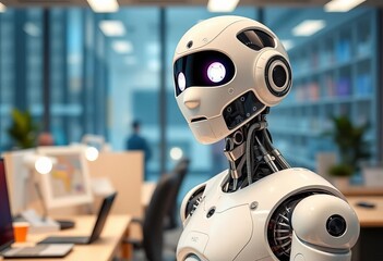 Friendly robot assistant in modern office, portrait,   digital assistant,  friendly AI