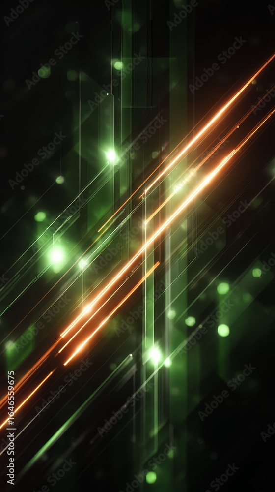 Poster abstract digital background with a vibrant green and orange light beam creating a mysterious glow an