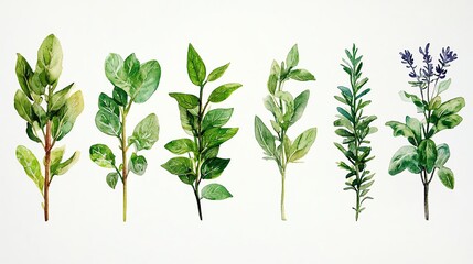 Fototapeta premium Various green leaves and herbs on a white background.