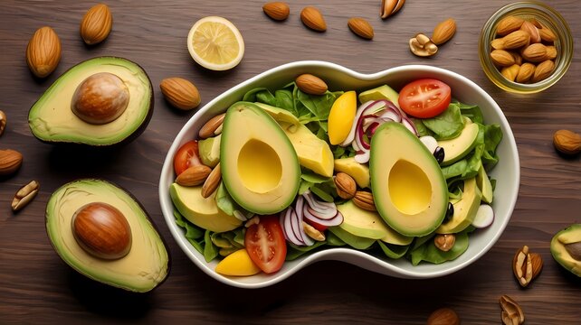 Vibrant avocado almond salad with fresh spinach, cherry tomatoes, red onions, and lemon wedges. A healthy, colorful, and nutritious dish perfect for clean eating and wholesome meals. - Powered by Adobe