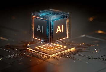 AI Technology Cube with Neon Circuitry and Digital Aura