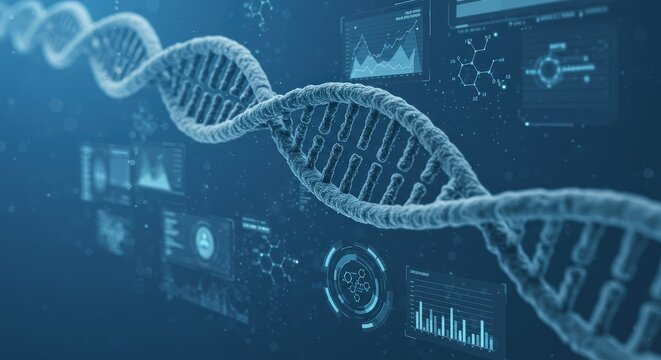 DNA Strand with Scientific Data Visualization Blue Background. - Powered by Adobe