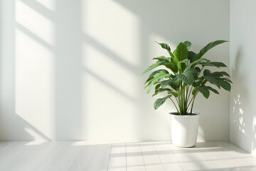 Plant in White Pot Sitting Near Wall with Sunlight