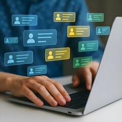 Obraz premium A person is using a laptop to communicate with others through social media and online networks, showcasing modern digital technology and virtual connections