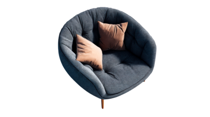 Modern Armchair with Two Plush Throw Pillows on White Background, cut out transparent