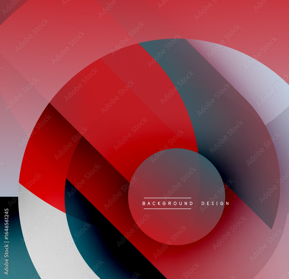 Poster abstract design features overlapping circles, red hues dominate. gradient shades create depth, moder