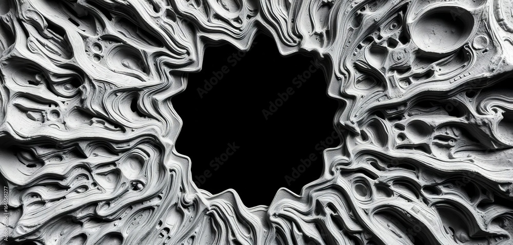 Poster intricate monochrome abstract texture with central open space, grayscale, visual