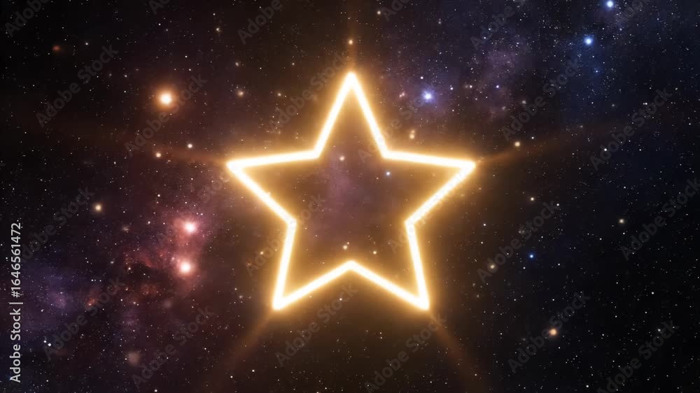 Poster animated glowing orange star shape on a cosmic background with celestial bodies in the night sky and
