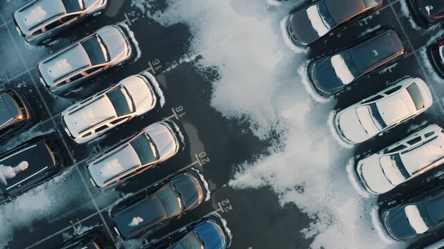 Aerial Top Down View of Snowy Customs Terminal Car Parking Lot with Numbered Spaces at Sunset 