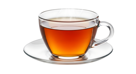 Clear glass mug filled with hot tea on a saucer isolated on transparent background