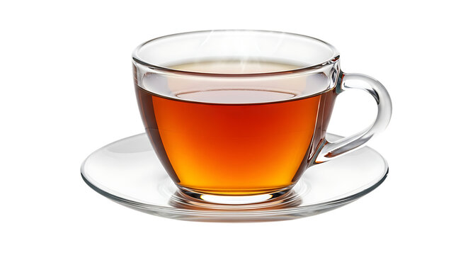 Clear glass mug filled with hot tea on a saucer isolated on transparent background
