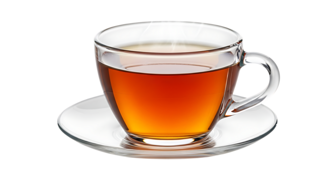 Clear glass mug filled with hot tea on a saucer isolated on transparent background
