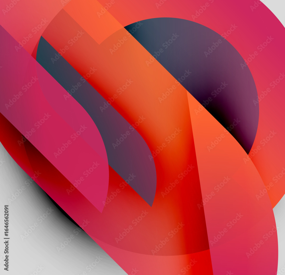 Poster abstract composition. overlapping shapes create dynamic visual flow. warm reds, oranges, purples dom