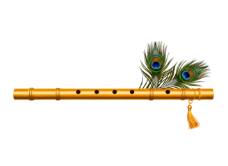 Bamboo flute with peacock feather isolated on transparent background