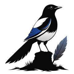 Stylized magpie perched on a stump with a feather