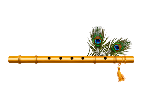 Bamboo flute with peacock feather isolated on transparent background