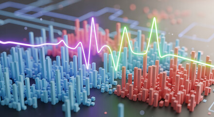Abstract 3d visualization of financial data with glowing colorful lines representing market trends and bar graphs indicating stock performance