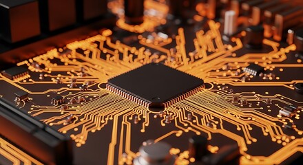 Close up of a glowing orange circuit board with a central black processor chip