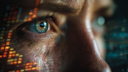 Close-up of an intense gaze with data visualization reflecting in the eyes.