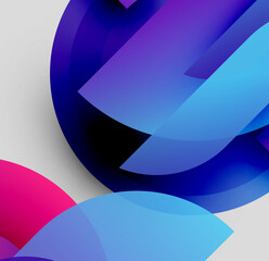 Abstract shapes overlap, creating vibrant color gradients. Blues, pinks dominate composition. Minimalist design, modern aesthetic.