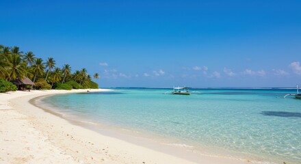 Obraz premium A pristine tropical beach with soft white sand, crystal-clear turquoise waters, and traditional outrigger boats floating gently. Lush palm trees line the shore under a bright