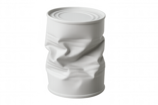 Crumpled white aluminum can lying on transparent surface, symbolizing recycling efforts and environmental sustainability