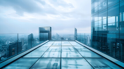 City skyline from rooftop terrace with glass railings on sunny day
