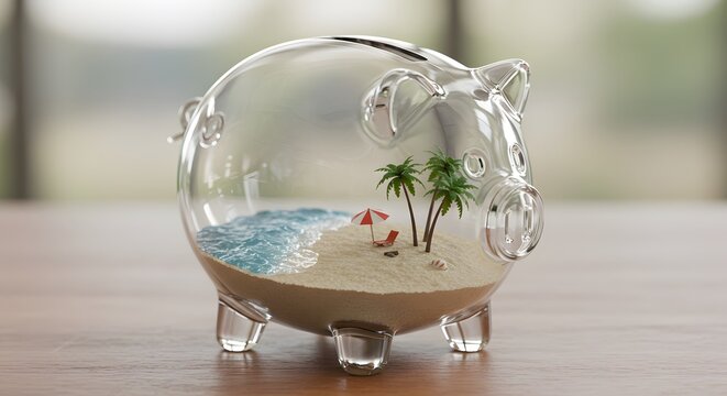 Saving for Dream Vacation: Piggy Bank with Beach Scene - Powered by Adobe