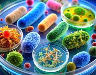 Ultra-detailed close-up of bacteria under microscope with vibrant colors and realistic textures, perfect for scientific and medical concepts. Generated image