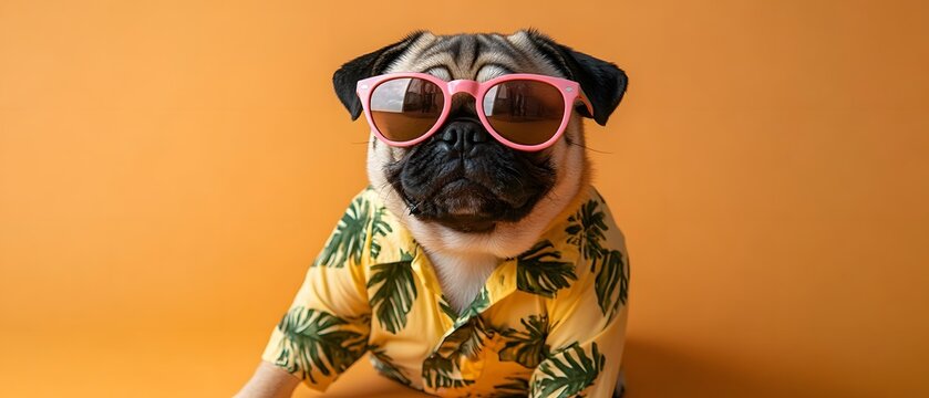 Cute pug wearing sunglasses and a Hawaiian shirt.