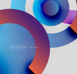 Abstract circles overlap, creating vibrant color gradients. Modern design elements suggest dynamic visual experience.