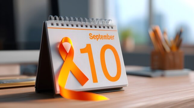 September 10 calendar with orange awareness ribbon on desk, symbolizing World Suicide Prevention Day, promoting mental health awareness and support initiatives globally