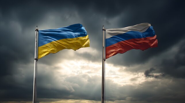 Ukrainian and Russian flags waving against a dark stormy sky, symbolizing political tension, conflict, and geopolitical rivalry between the two nations