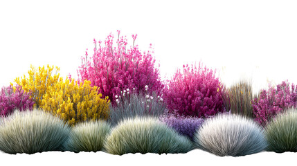Diverse botanical arrangement featuring vibrant pink, yellow, and purple flowering bushes with ornamental grasses, cut out transparent