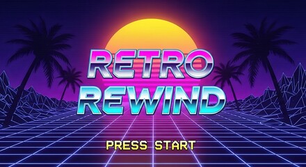 Retro Rewind Nostalgic Synthwave and 80s Arcade Game Title Screen with Grid Landscape