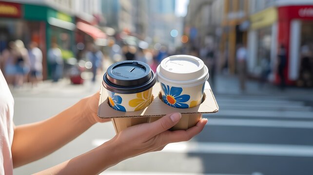Close up of a person s hands holding two disposable coffee cups in a cardboard carrier on a bustling city street