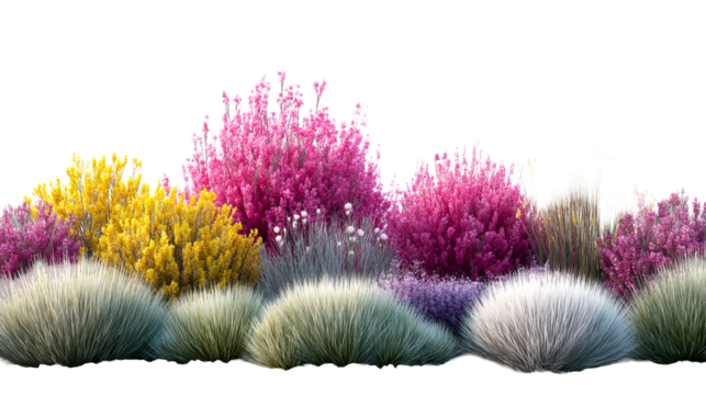 Diverse botanical arrangement featuring vibrant pink, yellow, and purple flowering bushes with ornamental grasses, cut out transparent