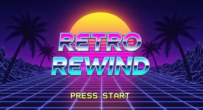 Retro Rewind Nostalgic Synthwave and 80s Arcade Game Title Screen with Grid Landscape