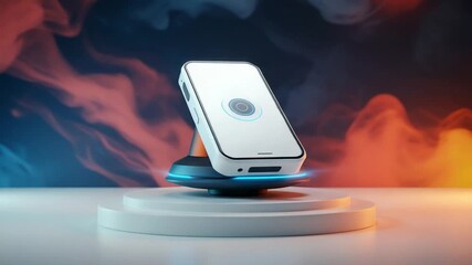 Futuristic smartphone levitating on a sleek platform - Powered by Adobe