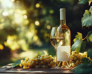 A bottle and glass of white wine are on a wooden table, next to a bunch of grapes. The scene is set in a sunlit vineyard with lush green leaves in the background.