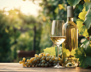 Fototapeta premium A bottle and glass of white wine are on a wooden table, next to a bunch of grapes. The scene is set in a sunlit vineyard with lush green leaves in the background.