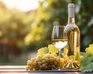 A bottle and glass of white wine are on a wooden table, next to a bunch of grapes. The scene is set in a sunlit vineyard with lush green leaves in the background.