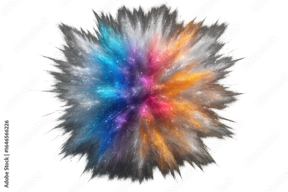 Poster multicolored powder exploding outwards, creating a vibrant starburst effect, perfect for adding a dy